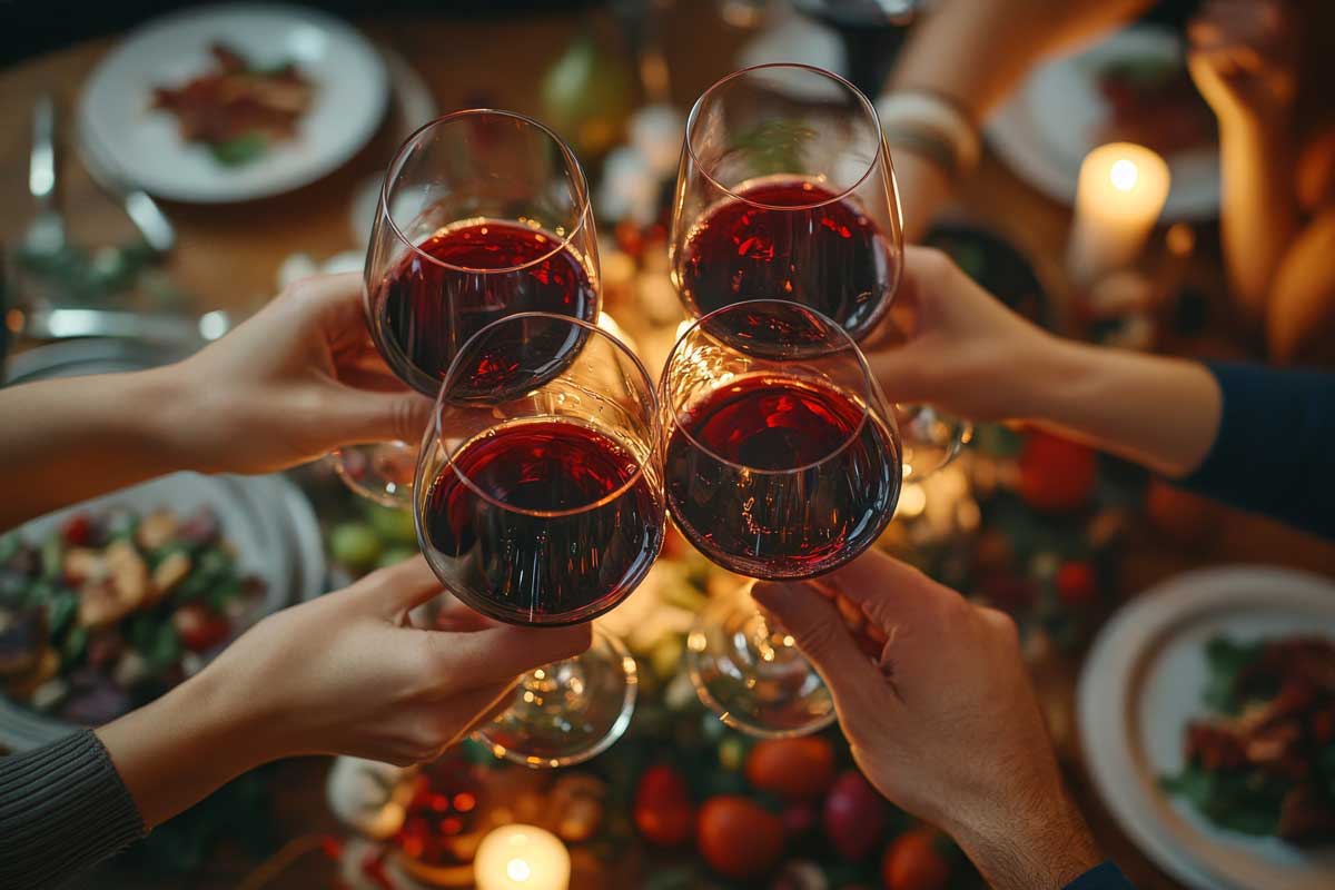 Rotwein-Gläser-Anstossen-Essen-Tisch