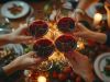 Rotwein-Gläser-Anstossen-Essen-Tisch