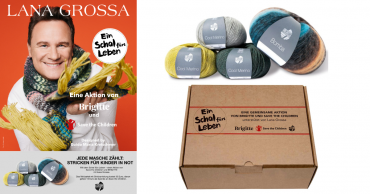 Flyer von Lana Grossa mit Guido Maria Kretschmer, dem Schal fürs Leben, die Wolle dafür und das dazugehörige Paket